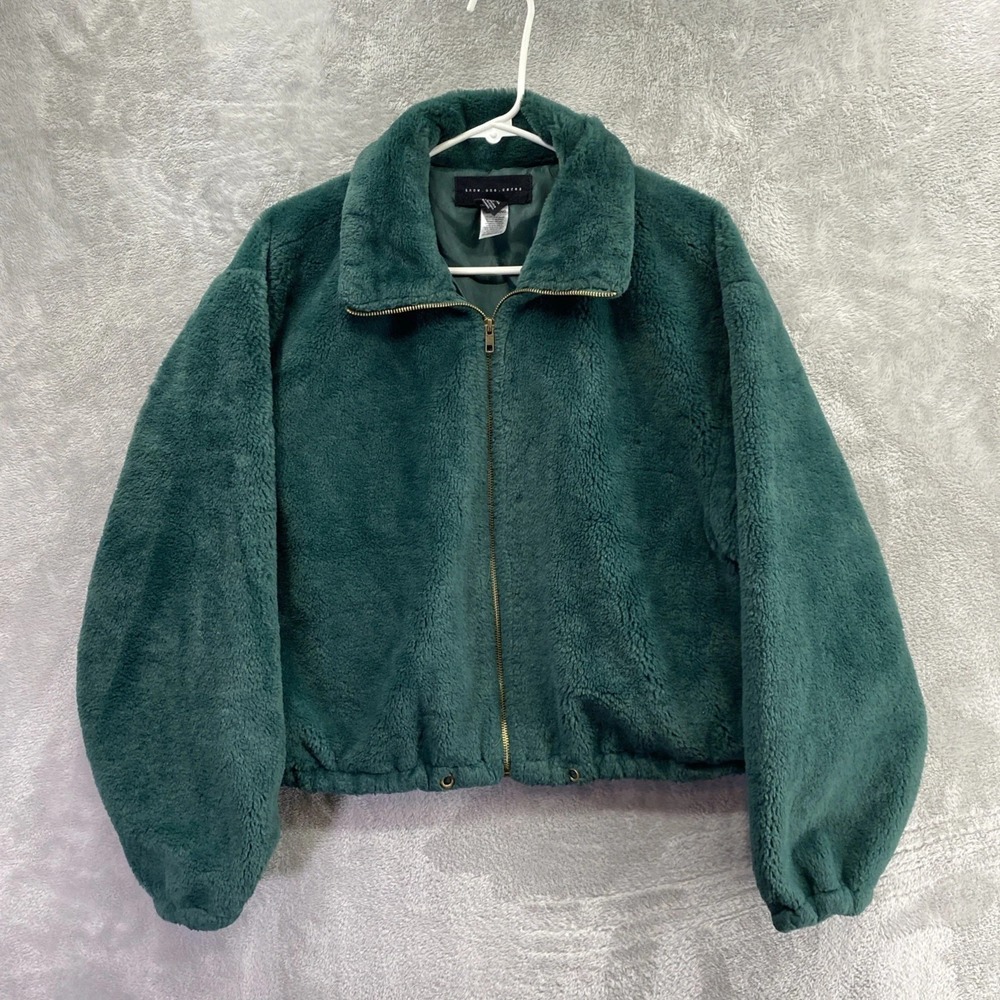 Know One Cares Women Large Green Faux Fur Teddy Full Zip Cropped Jacket